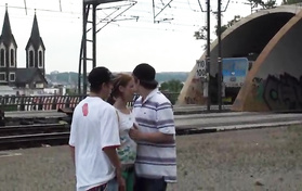 Amateur Teen Sucks A Dick While Taking Another From Behind In Public
