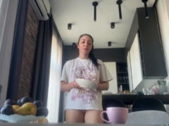 Sexy Fit Brunette Does Housework Without Panties.